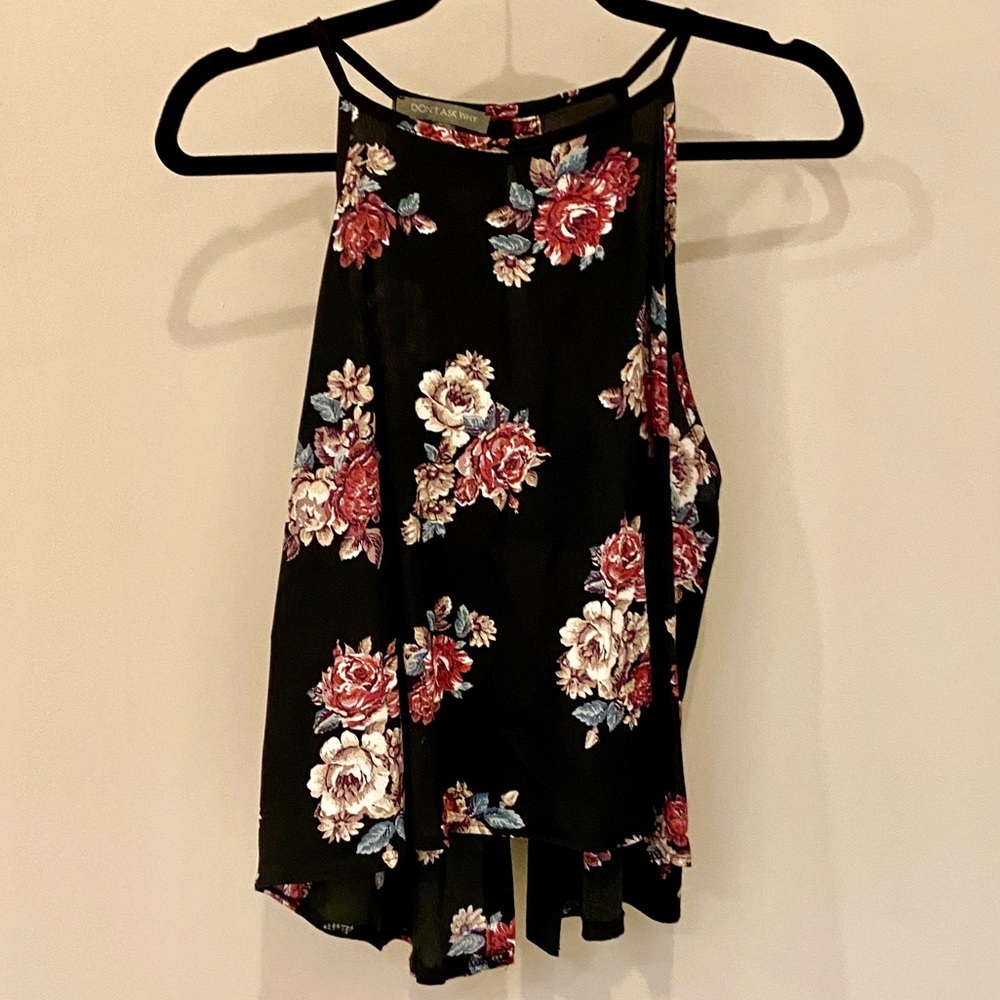 High Neck Sleeveless Black Floral Top